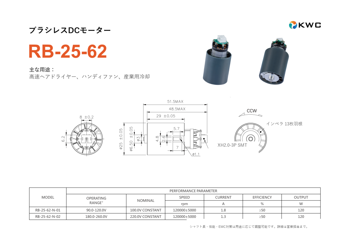 RB-25-62 25mmクラス ブラシレスDCモーター（BLDC）の寸法図・仕様表・性能データシート
