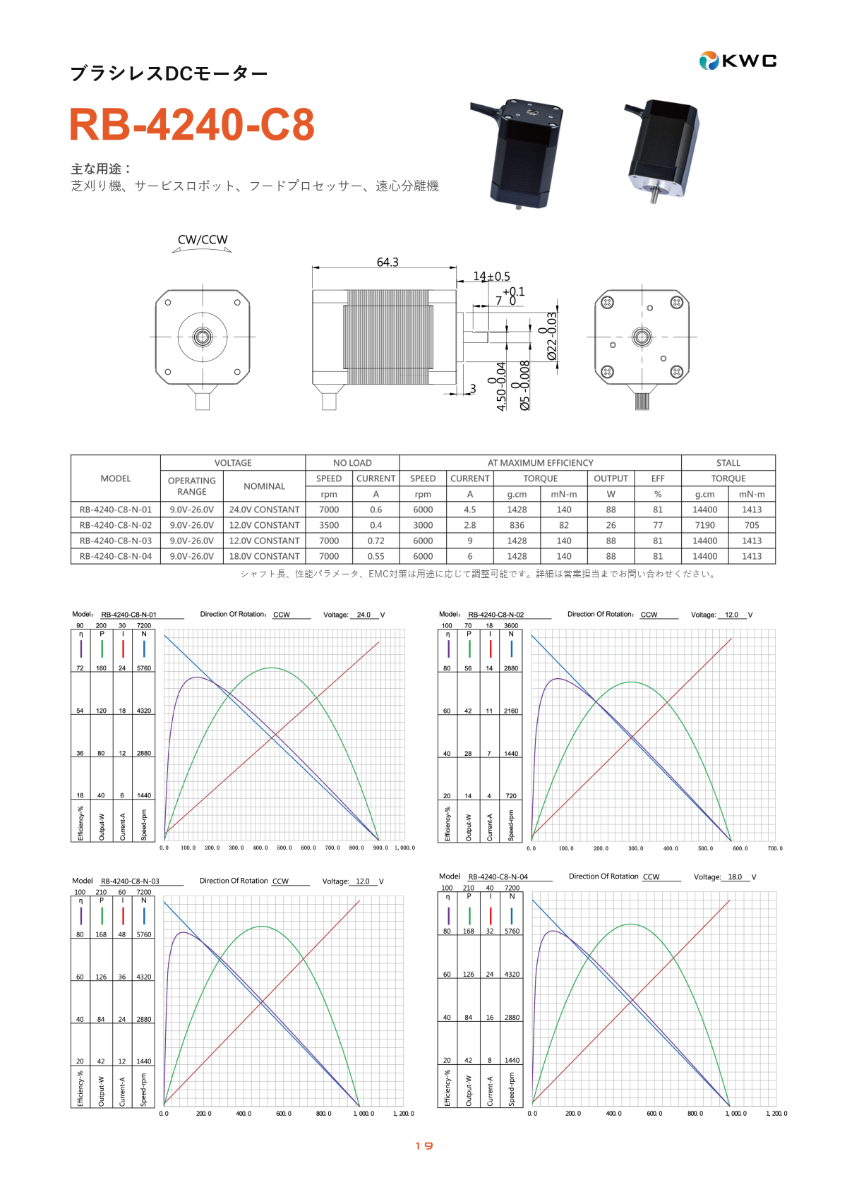RB-4240-C8 42mmクラス ブラシレスDCモーター（BLDC）の寸法図・仕様表・性能データシート