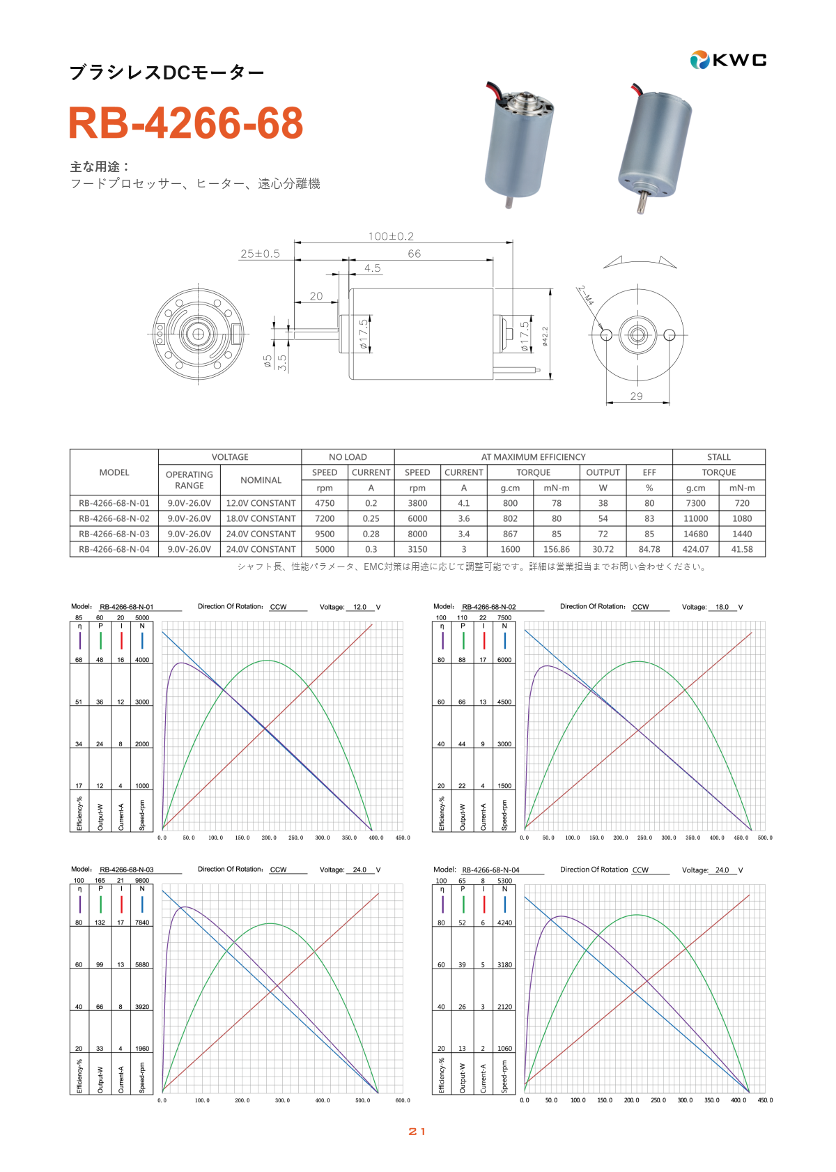 RB-4266-68 42mmクラス ブラシレスDCモーター（BLDC）の寸法図・仕様表・性能データシート