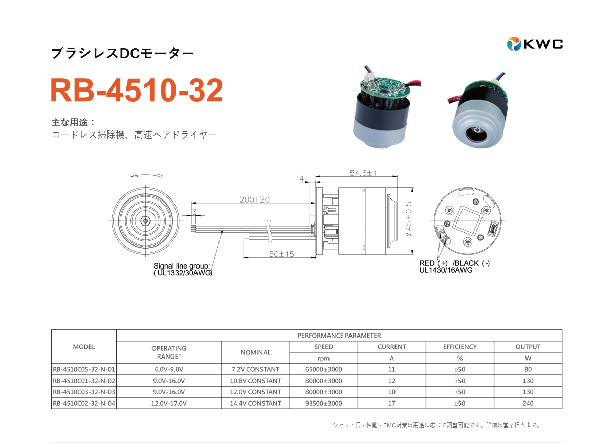RB-4510-32 45mmクラス ブラシレスDCモーター（BLDC）の寸法図・仕様表・性能データシート