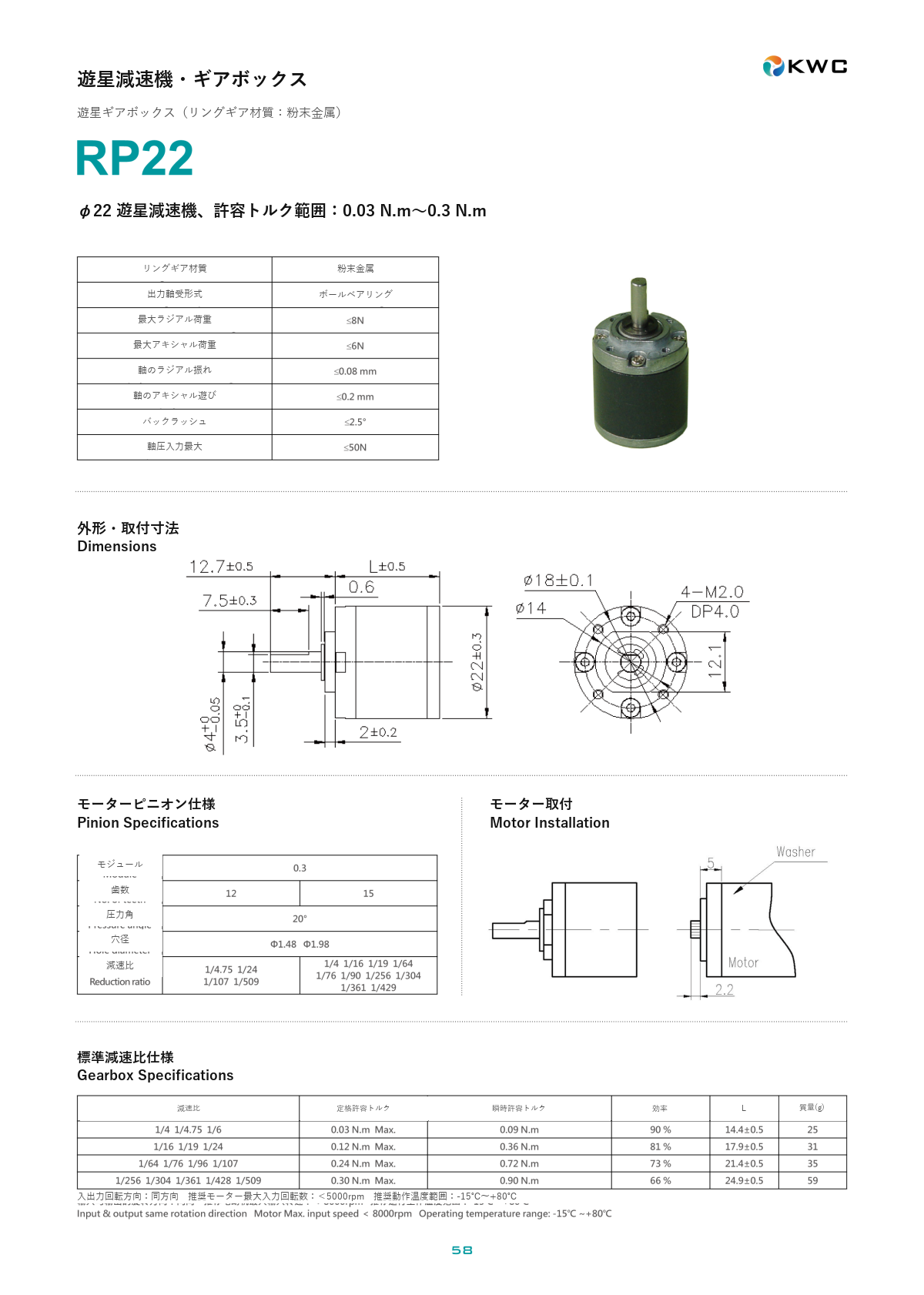 RP22 22mmクラス 遊星ギアモーター・ギアボックスの寸法図・仕様表・性能データシート