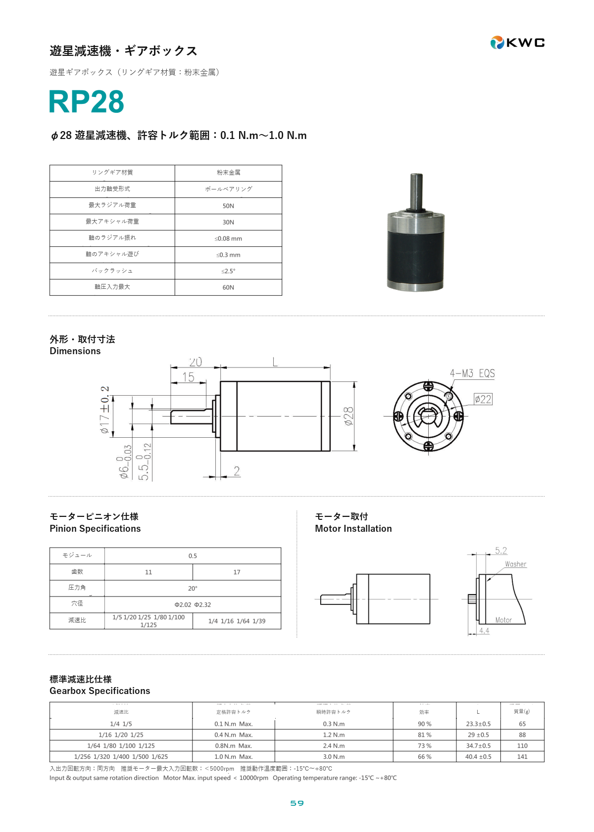 RP28 28mmクラス 遊星ギアモーター・ギアボックスの寸法図・仕様表・性能データシート
