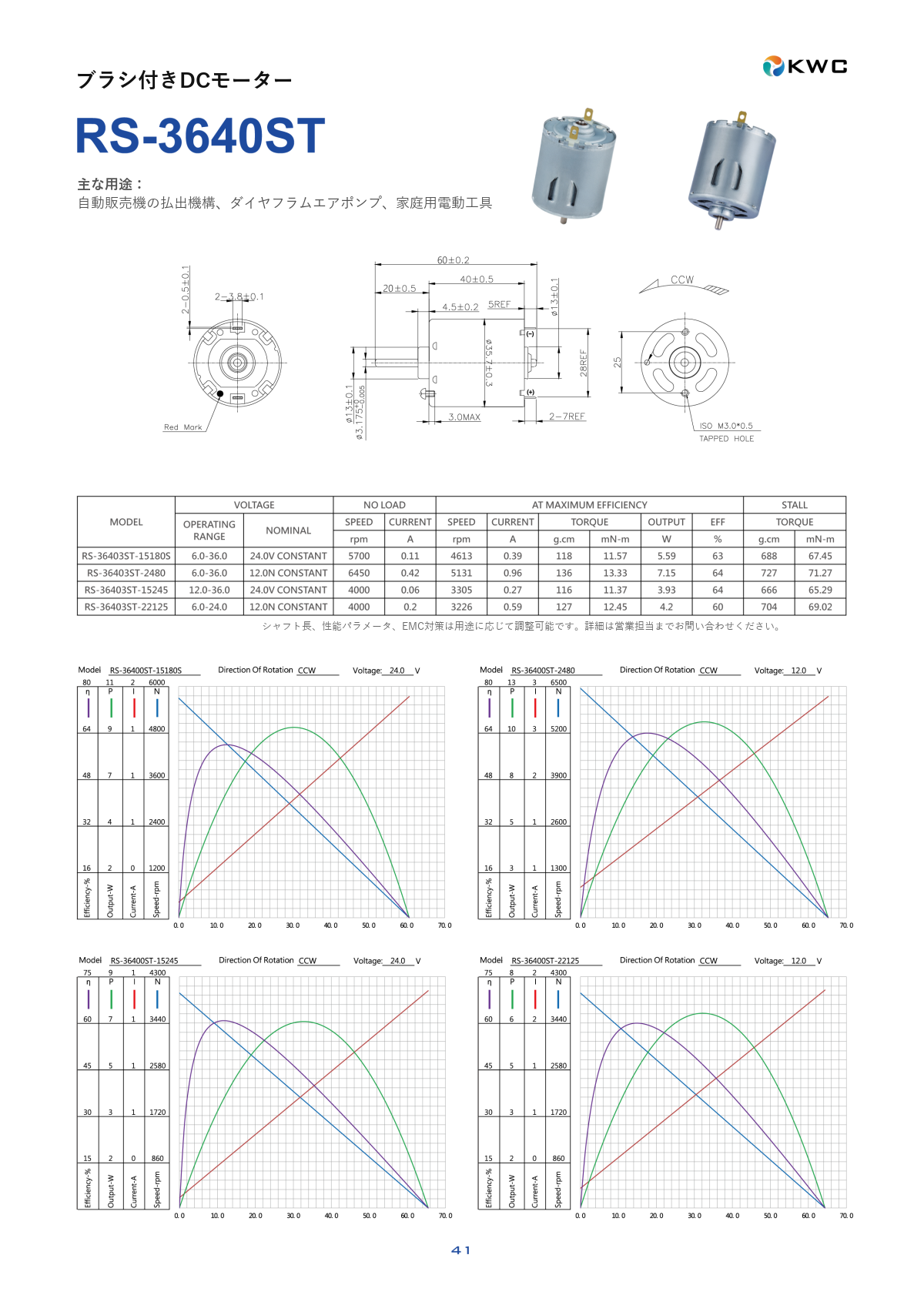 RS-3640ST 36mmクラス ブラシ付きDCモーターの寸法図・仕様表・性能データシート