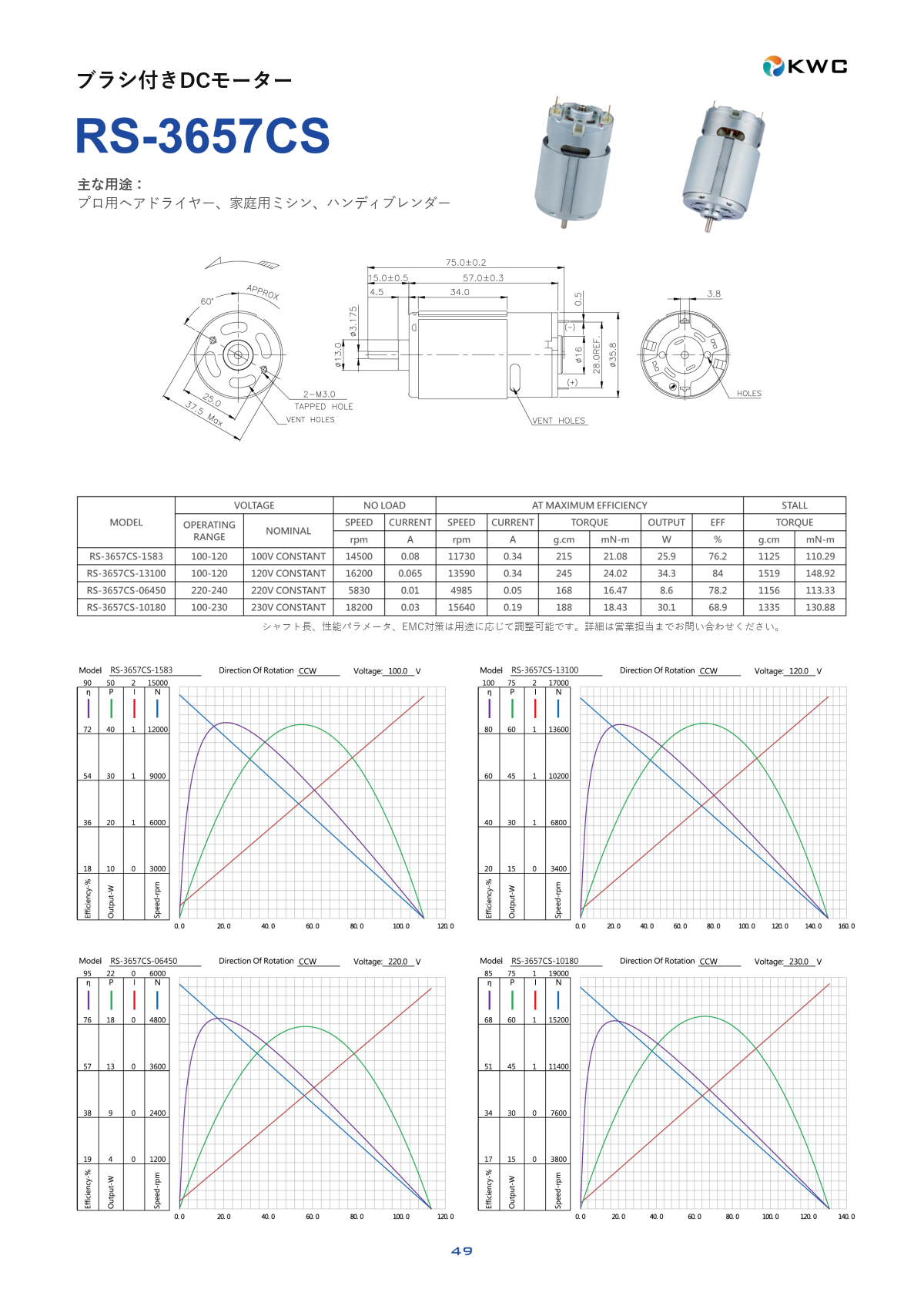 RS-3657CS 36mmクラス ブラシ付きDCモーターの寸法図・仕様表・性能データシート