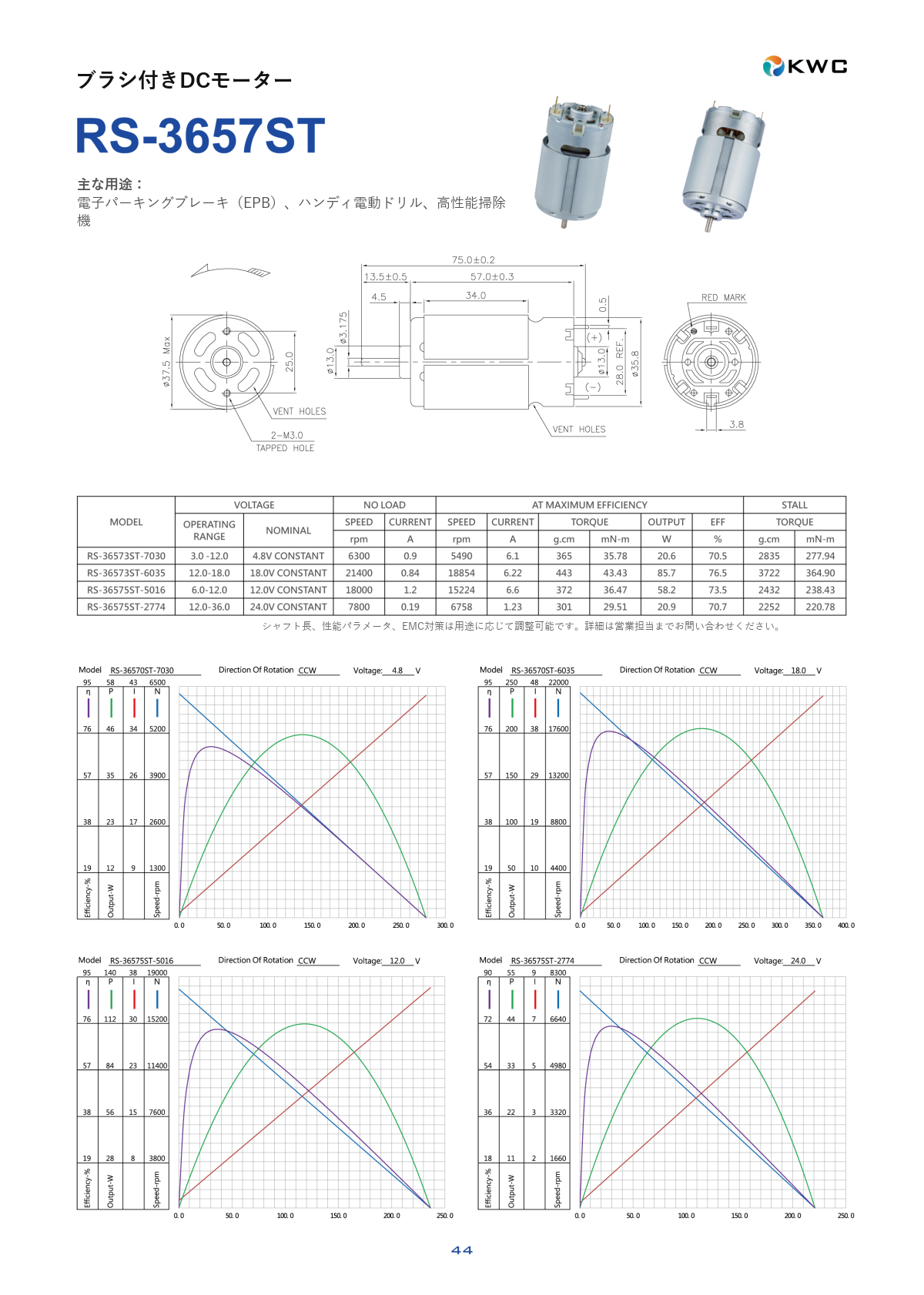 RS-3657ST 36mmクラス ブラシ付きDCモーターの寸法図・仕様表・性能データシート